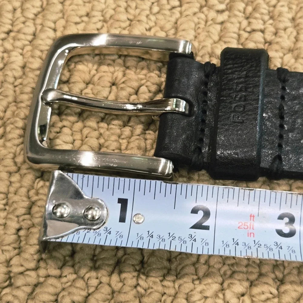 Fossil Belt‎ Mens Size 36 Black Leather Pebbled Silver Buckle 1.5